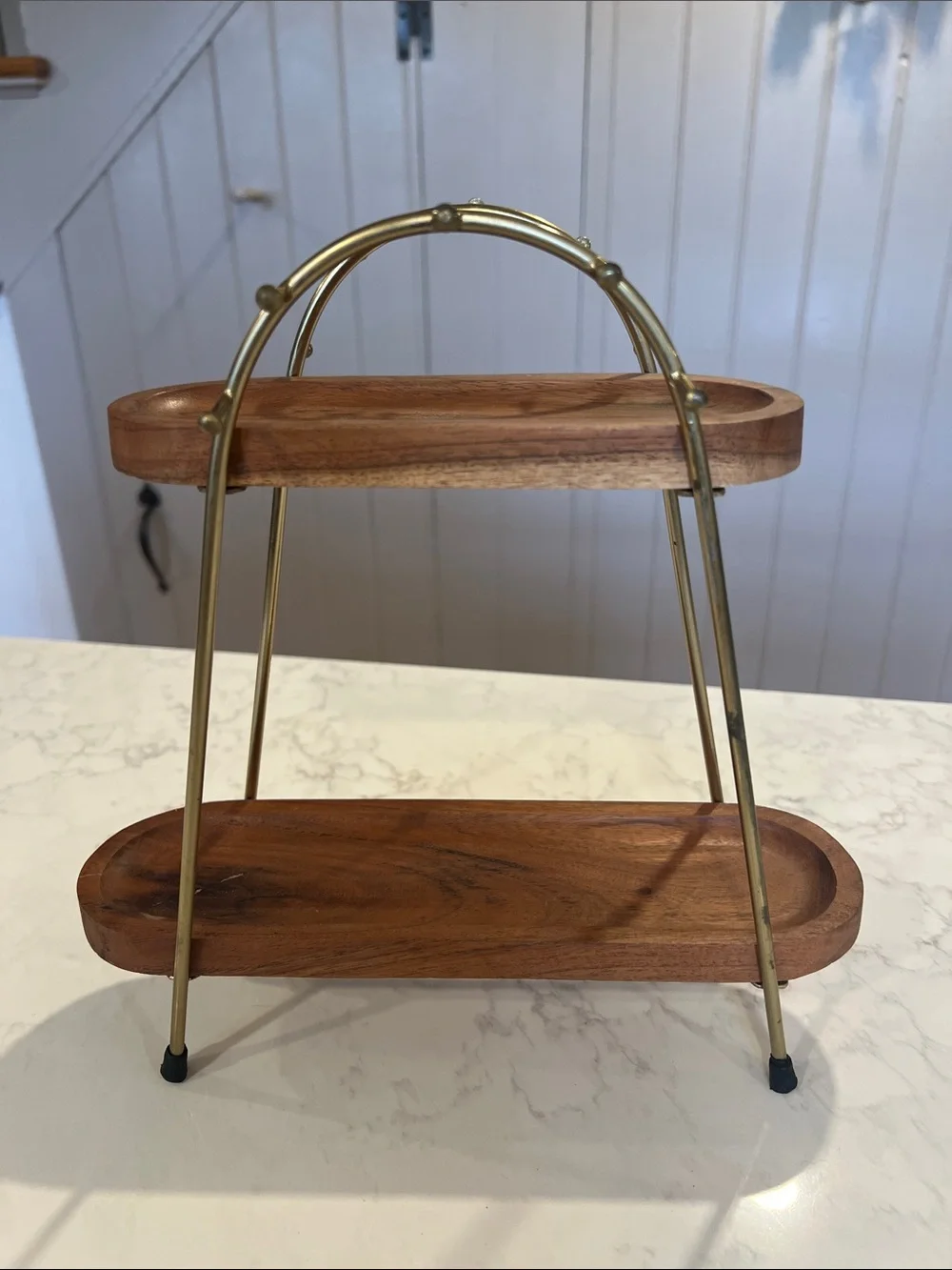 Two-Tier Wood Vanity Tray with Gold Metal Frame - Brown/Gold